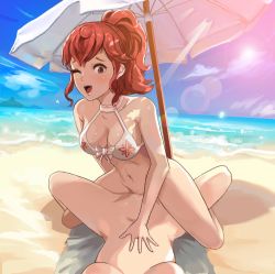 2girls ;d anna_(fire_emblem) beach beach_towel beach_umbrella bikini bikini_top_only black_eyes bottomless breasts drooling female_focus female_pov fire_emblem fire_emblem_fates front-tie_bikini_top front-tie_top head_out_of_frame linea_alba lying medium_breasts multiple_girls navel nintendo official_style on_back one_eye_closed open_mouth ponytail pov pussy pussy_juice red_hair saliva smile straddling sunbeam_(artist) swimsuit thigh_straddling towel tribadism umbrella uncensored white_bikini wink yuri rating:Explicit score:276 user:MoreThan2Problems