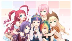 6+girls ahoge applejack aqua_eyes bare_shoulders blonde_hair blue_eyes blunt_bangs blush bow bowtie english_text fingerless_gloves fluttershy friends gloves green_eyes hand_on_another&#039;s_head hand_on_shoulder happy happy_tears hat highres horns hug jewelry long_hair looking_at_viewer low-tied_long_hair multicolored_hair multiple_girls my_little_pony my_little_pony:_friendship_is_magic necklace one_eye_closed personification pink_eyes pink_hair pinkie_pie ponytail purple_eyes purple_hair rainbow_dash rainbow_hair rarity_(my_little_pony) single_horn skirt smile streaked_hair striped symbol-shaped_pupils tears tsuruki_noki twilight_sparkle vertical_stripes vest wavy_hair wince wink wiping_tears rating:Sensitive score:23 user:danbooru