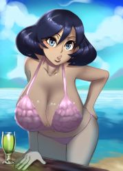  1girl alternate_color black_hair blue_eyes breasts cleavage creatures_(company) dark-skinned_female dark_skin female_focus game_freak highres huge_breasts leaning_forward looking_at_viewer nintendo open_mouth placeholdname pokemon pokemon_xy short_hair sideboob sina_(pokemon) solo standing swimsuit  rating:Questionable score:53 user:Monocolour