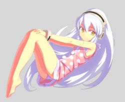  1girl alternate_hairstyle barefoot disc_(needless) drill_hair feet floating fondolger hair_down headphones legs light_smile looking_at_viewer needless non-web_source panties short_twintails silver_hair smile solo twintails underwear yellow_eyes 