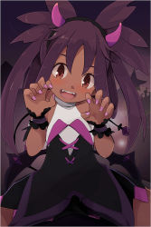  1girl :d bad_id bad_pixiv_id black_dress black_hairband blush border brown_eyes claw_pose commentary_request creatures_(company) dark-skinned_female dark_skin dress fake_horns game_freak hairband hands_up horns iris_(fall_2022)_(pokemon) iris_(pokemon) long_hair looking_at_viewer nail_polish nintendo official_alternate_costume open_mouth pink_nails pokemon pokemon_masters_ex purple_hair rakkogawa_rinro smile solo teeth tongue twintails upper_teeth_only white_border 