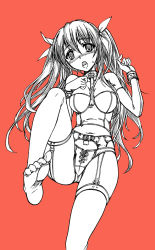 1girl :o bad_id bad_pixiv_id bare_shoulders between_breasts bondage_outfit breasts buckle cross-laced_clothes feet fish.boy garter_belt garter_straps hair_ribbon highres latex leather leg_lift lingerie lock long_hair midriff monochrome navel no_shoes open_mouth original red_background ribbon saliva soles solo stomach sweatdrop thighhighs toes twintails underwear rating:Questionable score:27 user:danbooru