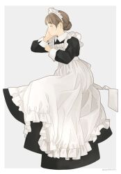  1girl akai_sashimi apron artist_name black_dress border brown_hair closed_eyes closed_mouth collared_dress dress frilled_apron frills full_body grey_background hair_bun hand_up head_rest highres long_dress long_sleeves maid maid_apron maid_headdress original outside_border revision simple_background sitting sleeve_cuffs solo white_apron white_border  rating:General score:1 user:danbooru