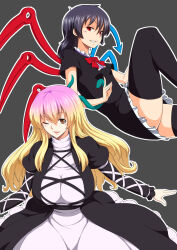  2girls :d ;d asymmetrical_wings black_background black_dress black_hair black_thighhighs blonde_hair blue_wings bow bowtie breasts center_frills commentary cross-laced_clothes dress frilled_dress frills gradient_hair highres hijiri_byakuren houjuu_nue juliet_sleeves kakone large_breasts long_sleeves medium_hair microdress multicolored_hair multiple_girls one_eye_closed open_mouth outline puffy_sleeves purple_hair red_bow red_bowtie red_eyes red_wings sidelocks simple_background smile snake_armband thighhighs touhou white_outline wings 
