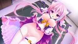  1girl :d animal_ear_fluff animal_ears blue_hair bow breasts breasts_out cat_ears clothes_lift commentary_request door dutch_angle hair_between_eyes highres indoors large_breasts lifted_by_self long_hair low_twintails multicolored_hair nipples open_mouth original pink_hair purple_eyes purple_skirt pussy pussy_juice shiwasu_horio single_thighhigh skindentation skirt skirt_lift smile solo standing streaked_hair thigh_gap thighhighs twintails uncensored very_long_hair white_thighhighs yellow_bow 