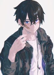 1boy arm_at_side bandaid bandaid_on_cheek bandaid_on_face black_hair black_jacket blue_eyes crossed_bangs double-parted_bangs earphones_removed from_above hair_between_eyes hand_up heterochromia highres jacket layered_clothes male_focus notched_ear ohsoukamo open_clothes open_jacket original pink_eyes shirt simple_background solo three_quarter_view upper_body white_background white_shirt zipper