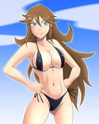  1girl artist_request bikini black_bikini blue_eyes breasts brown_hair cleavage hands_on_own_hips highres large_breasts long_hair monsuno navel smile solo swimsuit vicky_(monsuno) 