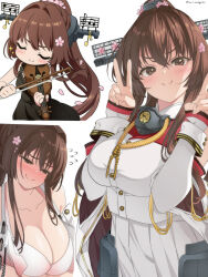 1girl black_dress blush bra breasts brown_eyes brown_hair cherry_blossoms cleavage closed_eyes closed_mouth detached_sleeves double_v dress flower flying_sweatdrops hair_between_eyes hair_flower hair_ornament headgear highres instrument kantai_collection laco_soregashi large_breasts long_hair looking_at_viewer multiple_views music nose_blush official_alternate_costume petals pink_flower playing_instrument ponytail simple_background smile sparkle twitter_username underwear v very_long_hair wavy_mouth white_background yamato_(kancolle) yamato_kai_ni_(kancolle) 