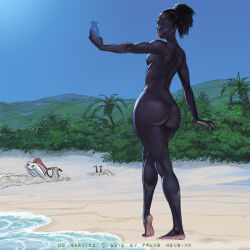  1girl accident african artist_name ass bad_tag barefoot beach black_hair black_skin blue_sky breasts cellphone colored_skin commentary completely_nude dark-skinned_female dark_skin day distracted english_commentary feet frans_mensink from_behind full_body holding holding_phone huge_ass jet_ski legs mountainous_horizon nude original outdoors phone sand sky small_breasts smartphone solo_focus standing very_dark_skin water  rating:Questionable score:9 user:danbooru
