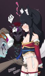 1girl 2boys aged_down ahri_(league_of_legends) animal_ears arms_behind_back bare_shoulders black_hair black_sash blue_nails blush braid braided_ponytail breasts clothes_pull collarbone constricted_pupils cum dress dress_pull eyeshadow facial feet_out_of_frame female_ejaculation fingering fox_ears fox_girl fox_tail from_side fundoshi gradient_background heinz_(pixiv93108297) hetero highres japanese_clothes league_of_legends loli long_hair long_sleeves looking_at_another low_ponytail makeup mask mesugaki moaning multiple_boys nail_polish nipples off-shoulder_dress off_shoulder open_mouth pleasuring profile pussy_juice red_dress sarashi sash simple_background small_breasts solo_focus standing tail teeth thighhighs torn_clothes torn_dress two-tone_dress white_dress white_thighhighs yellow_eyes rating:Explicit score:166 user:Only_Kemonomimi