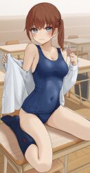  1girl absurdres blue_eyes blue_one-piece_swimsuit blush breasts brown_hair chair classroom cleavage closed_mouth collarbone commentary_request covered_navel highres indoors kopaka_(karda_nui) looking_at_viewer medium_breasts on_table one-piece_swimsuit open_clothes open_shirt original shirt short_hair side_ponytail sitting solo swimsuit swimsuit_under_clothes table wavy_mouth white_shirt 