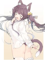  1girl ;3 ;d animal_ear_fluff animal_ears ass bell black_ribbon blush bottomless breasts brown_hair brown_tail cat_ears cat_girl cat_tail closed_eyes commission facing_viewer fang hair_bell hair_ornament hair_ribbon hand_up head_tilt highres holding holding_own_hair jingle_bell korean_commentary large_breasts long_hair long_sleeves naked_shirt one_eye_closed open_mouth original pillarboxed ribbon second-party_source shirt sidelocks smile solo sul-lin-a_(hurukku) tail thighhighs tsuka twintails very_long_hair white_shirt white_thighhighs 