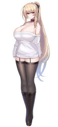  1girl bare_shoulders belt_collar black_bow blonde_hair blush boots bow breasts cleavage closed_mouth collar commentary_request full_body garter_straps hair_bow high_ponytail highres huge_breasts kubiwa_(kutan) kutan long_hair looking_at_viewer low_neckline off-shoulder_sweater off_shoulder original red_collar red_eyes simple_background solo standing sweater thighhighs very_long_hair white_background white_sweater  rating:Sensitive score:3 user:danbooru