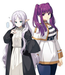  ... 2girls black_coat capelet coat commentary_request cosplay costume_switch dress earrings elf fern_(sousou_no_frieren) fern_(sousou_no_frieren)_(cosplay) frieren frieren_(cosplay) green_eyes highres jewelry long_hair looking_at_another multiple_girls nishizawa pointy_ears purple_hair shirt simple_background skirt sousou_no_frieren spoken_ellipsis striped_clothes striped_shirt twintails very_long_hair white_background white_capelet white_dress white_skirt 