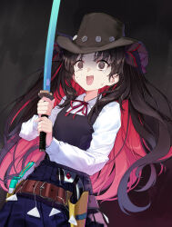  1girl aged_down black_dress black_hair breasts brown_hat coffeekite cowboy_hat crying dress fate/grand_order fate_(series) gun hat highres ishtar_(fate) katana long_hair long_sleeves multicolored_hair open_mouth parted_bangs red_hair shirt small_breasts solo space_ishtar_(fate) sword two-tone_hair two_side_up weapon white_shirt 