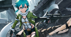  1girl absurdres anti-materiel_rifle black_gloves blue_eyes blue_hair bolt_action breasts fingerless_gloves gloves gun hair_between_eyes highres holding holding_gun holding_weapon indy_k jacket leotard looking_at_viewer medium_breasts open_clothes open_jacket pgm_hecate_ii rifle ruins scarf short_hair short_hair_with_long_locks short_shorts shorts sinon sniper_rifle solo sword_art_online weapon 