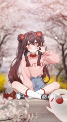 1girl absurdres black_footwear blue_shorts blurry blurry_background blush brown_hair casual cherry_blossoms clenched_teeth clothes_writing flower flower-shaped_pupils genshin_impact ghost gya_(144) hair_between_eyes highres holding holding_flower hu_tao_(genshin_impact) indian_style long_sleeves looking_at_viewer no_headwear no_headwear petals pink_sweater red_eyes shoes shorts sitting smile socks solo spring_(season) sweater symbol-shaped_pupils teeth twintails twitter_username rating:Sensitive score:27 user:danbooru