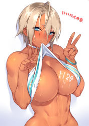 1girl 23_(real_xxiii) abs ahoge areola_slip bare_shoulders blue_eyes blush body_writing breasts choker cleavage clothes_in_mouth clothes_lift covered_erect_nipples dark-skinned_female dark_skin dated double_v female_focus gradient_background hair_between_eyes highres jewelry large_breasts light_brown_hair looking_at_viewer mouth_hold nail_polish navel no_bra original ring sela_(23) shirt_in_mouth shirt_lift short_hair simple_background solo strapless sweat tube_top tube_top_lift v wedding_band rating:Questionable score:139 user:danbooru