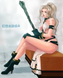  1girl ankle_boots asia_airport blue_eyes boots breasts choker cleavage covered_erect_nipples crossed_arms crossed_legs dress gensou_suikoden gensou_suikoden_iv gloves high_heels high_ponytail jeane_(suikoden) konami large_breasts legs lips lipstick loincloth long_hair long_legs looking_at_viewer makeup ponytail shoes silver_hair sitting solo staff strap thighs underboob wavy_hair weapon white_dress 