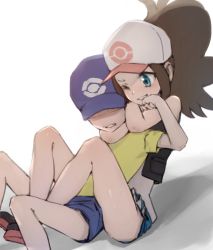  1boy 1girl ;d ass bare_arms bare_legs baseball_cap between_legs black_vest blue_eyes blue_headwear blush brown_hair choke_hold clenched_teeth creatures_(company) denim denim_shorts eyeless_male feet_out_of_frame from_side game_freak hat head_tilt height_difference hilda_(pokemon) leg_lock light_blush looking_at_another looking_down nintendo no_eyes nose_blush one_eye_closed open_mouth pokemon pokemon_bw ponytail shadow shirt short_shorts short_sleeves shorts shota sleeveless smile strangling struggling tareme teenage_girl_and_younger_boy teeth usule vest white_background white_headwear white_shirt wrestling yellow_shirt youngster_(pokemon)  rating:Sensitive score:149 user:danbooru