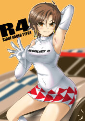  1girl armpits breasts brown_eyes brown_hair car dress earrings elbow_gloves gloves highres jewelry looking_at_viewer medium_breasts motor_vehicle nagase_reiko ridge_racer short_dress short_hair sleeveless smile solo tanbe white_gloves 