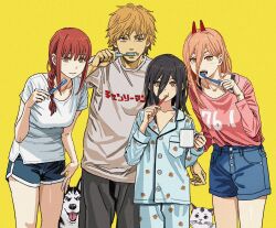  1boy 3girls absurdres alternate_costume black_footwear black_hair blonde_hair blush braid braided_ponytail breasts brushing_teeth chainsaw_man collarbone commentary cross-shaped_pupils cup demon_horns denim denim_shorts denji_(chainsaw_man) dog dolphin_shorts english_commentary hair_between_eyes highres holding holding_cup holding_toothbrush horns long_bangs looking_at_viewer makima_(chainsaw_man) medium_breasts mole mole_under_eye multiple_girls nayuta_(chainsaw_man) orange_hair pajamas pink_shirt power_(chainsaw_man) print_pajamas ringed_eyes shiren_(ourboy83) shirt shorts simple_background symbol-shaped_pupils time_paradox toothbrush white_shirt yellow_background yellow_eyes  rating:Sensitive score:38 user:danbooru