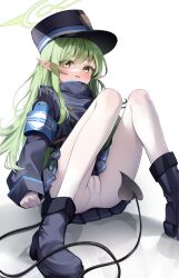  1girl armband blue_archive blue_armband blue_footwear blue_hat blue_skirt blush boots buttons cameltoe cleft_of_venus double-breasted frqz_bijutsu gloves green_hair halo hat highres hikari_(blue_archive) knees_together_feet_apart knees_up long_sleeves panties panties_under_pantyhose pantyhose pleated_skirt pointy_ears reflection reflective_floor shako_cap simple_background sitting skirt sleeves_past_wrists solo underwear whistle white_background white_gloves white_panties white_pantyhose yellow_eyes  rating:Questionable score:33 user:danbooru