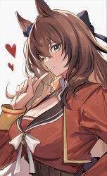  1girl absurdres animal_ears black_bow blue_bow bojue_(hakus_1128) bow bowtie breasts brown_hair cleavage ear_bow finger_to_mouth from_side green_eyes hair_bow heart highres horse_ears horse_girl index_finger_raised jacket large_breasts long_hair long_sleeves looking_at_viewer looking_to_the_side maruzensky_(umamusume) red_jacket red_shirt shirt solo umamusume upper_body wavy_hair white_bow white_bowtie 