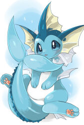  blue_eyes blue_skin blush choko_(sweetpocket) colored_skin creatures_(company) fins fish_tail forked_tail full_body game_freak gen_1_pokemon nintendo no_humans pawpads pokemon pokemon_(creature) simple_background solo tail tongue tongue_out vaporeon white_background 