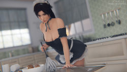  1girl 3d alternate_costume apron areola_slip bent_over breasts chromatic_aberration cleavage duster enmaided feather_duster headdress highres indoors kitchen lara_croft maid maid_apron maid_headdress midnightsfm nipples no_bra ponytail realistic solo source_request table tomb_raider tomb_raider_(reboot) 