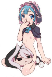  1boy 1girl black_hair blue_eyes blue_hair capelet china_(ekimore) covering_own_mouth disembodied_head looking_at_viewer made_in_abyss maid_headdress maruruk multicolored_hair naked_capelet nipples ozen pouch short_hair shota simple_background trap whistle white_background white_hair 