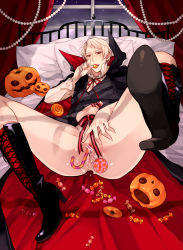  1boy anal anal_object_insertion ass axis_powers_hetalia bed boots bottomless candy candy_cane costume echo_jiro food halloween highres indoors male_focus male_penetrated object_insertion penis prussia_(hetalia) red_eyes solo  rating:Explicit score:36 user:gandalf359
