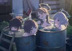  4girls barrel bathing black_hair blue_archive blurry blurry_background blush breasts brown_hair collarbone explosive grenade halo highres long_hair looking_at_viewer medium_breasts miyako_(blue_archive) miyu_(blue_archive) moe_(blue_archive) multiple_girls official_art open_mouth partially_submerged plank saki_(blue_archive) short_hair steam water wet  rating:Sensitive score:69 user:danbooru