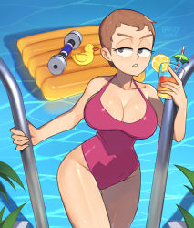 1girl barleyshake breasts brown_hair cleavage drink drinking_straw dumbbell eyelashes glass grey_eyes holding holding_drink light_brown_hair mature_female one-piece_swimsuit pool sharon_marsh short_hair solo south_park summer swimsuit thick_eyebrows very_short_hair water watermark wet