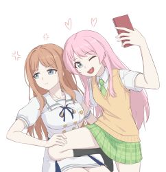  2girls anger_vein bang_dream! bang_dream!_it&#039;s_mygo!!!!! black_socks blue_eyes blue_ribbon breasts brown_hair brown_sweater_vest cellphone chihaya_anon chopchopguy collarbone collared_shirt commentary_request fang green_necktie green_skirt grey_eyes haneoka_school_uniform heart heart_in_mouth highres holding holding_phone knee_up kneehighs long_hair medium_breasts multiple_girls nagasaki_soyo neck_ribbon necktie no_shoes one_eye_closed open_mouth parted_lips phone pink_hair pleated_skirt puffy_short_sleeves puffy_sleeves ribbon sailor_collar school_uniform selfie serafuku shirt short_sleeves sidelocks simple_background skin_fang skirt small_breasts smartphone socks sweater_vest tsukinomori_school_uniform white_background white_sailor_collar white_serafuku white_shirt white_skirt 