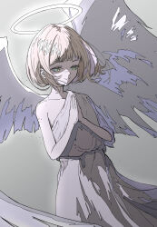  1boy absurdres angel angel_wings bare_shoulders blonde_hair blue_eyes bob_cut cowboy_shot ezra_theodore feathered_wings gradient_background grey_background halo highres natsugu72 own_hands_clasped own_hands_together palms_together praying reverse:1999 short_hair single_off_shoulder solo white_tunic white_wings wings 