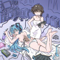  android arm_tattoo ass barefoot black_skirt blue_hair blue_nails blue_necktie blush breasts brown_eyes brown_hair cable cellphone computer cup desk disposable_cup dress electrical_outlet food geforce_titan_rtx hatsune_miku headphones holding holding_wrench indoors inner_workings iwakura_lain keyboard_(computer) looking_at_viewer lying mechanical_parts medium_breasts medium_hair monitor mouth_hold necktie on_stomach panties phone pillow pocky power_strip serial_experiments_lain skirt strap_slip striped_clothes striped_panties tattoo truffleduster twintails underwear unworn_necktie unworn_skirt vocaloid white_dress wrench  rating:Sensitive score:65 user:danbooru