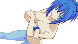  1girl blue_eyes blue_hair bracelet breasts cleavage covering_privates covering_breasts denim female_focus gender_request genderswap highres jeans jewelry kampfer matching_hair/eyes pants senou_natsuru simple_background solo tomboy topless vector_trace  rating:Questionable score:31 user:teosama