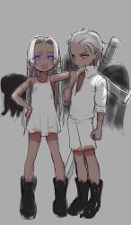  1boy 1girl alternate_eye_color angel_wings arm_on_another&#039;s_shoulder artist_request bare_legs bare_shoulders black_footwear black_wings boots child closed_mouth collarbone dark-skinned_female dark-skinned_male dark_skin dot_nose dress earrings elbow_rest full_body furrowed_brow grey_background hair_slicked_back highres jewelry legs_apart legs_together long_hair looking_at_viewer no_sclera one_piece open_mouth partially_unbuttoned popped_collar purple_eyes red_eyes s-hawk s-snake seraphim_(one_piece) shirt short_hair shorts simple_background sketch sleeveless sleeves_rolled_up snake_earrings standing sword sword_behind_back tsurime v-shaped_eyebrows weapon weapon_on_back white_dress white_hair white_shirt white_shorts wings  rating:General score:25 user:fav-gotes