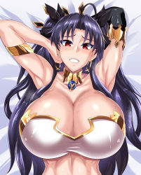  1girl :d ahoge alternate_body_size alternate_breast_size arms_behind_head black_gloves black_hair black_ribbon blush breasts cleavage crown earrings elbow_gloves fate/grand_order fate_(series) gloves hair_ribbon hand_on_own_hip highres huge_breasts ishtar_(fate) jewelry long_hair looking_at_viewer lying navel on_back on_bed open_mouth puripuri_jet red_eyes ribbon single_glove smile solo sweat teeth two_side_up  rating:Sensitive score:149 user:danbooru