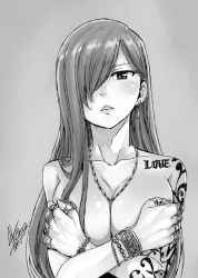 1girl arm_tattoo bracelet breasts cleavage completely_nude covering_privates covering_breasts earrings erza_scarlet fairy_tail greyscale hair_over_one_eye jewelry large_breasts long_hair mashima_hiro monochrome necklace nude official_art red_hair ring shoulder_tattoo signature solo tattoo rating:Questionable score:50 user:danbooru
