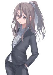  1girl absurdres aged_up alternate_costume ascot black_jacket black_pants brown_eyes brown_hair fei_(feikotake) formal frilled_ascot frills hair_ribbon hands_in_pockets high_ponytail highres jacket kantai_collection long_hair pant_suit pants ribbon simple_background solo suit suit_jacket white_ascot white_background zuihou_(kancolle) 