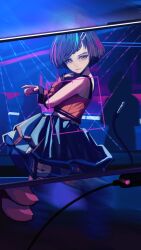  1girl 1other bare_shoulders black_hair black_skirt blurry blurry_background bob_cut brown_eyes cable cellphone closed_mouth commentary concert dancing detached_sleeves expressionless eyelashes frilled_skirt frills from_side hair_ornament hairclip hand_on_own_chest hand_up highres holding holding_phone idol laser looking_at_viewer looking_to_the_side microphone microphone_stand midriff_peek original people phone pov pov_hands red_shirt red_sleeves russian_commentary servachok shirt silhouette skirt sleeveless sleeveless_shirt sleeves_past_wrists smartphone solo_focus stage swept_bangs tanya_(servachok) turning_head upturned_eyes viewfinder 