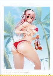  1girl absurdres ass bare_shoulders bikini blue_sky blush breasts curvy day headphones highres hip_focus holding large_breasts long_hair looking_at_viewer looking_back nitroplus open_mouth outdoors page_number palm_tree pink_hair red_eyes sandals scan side-tie_bikini_bottom sideboob sky solo super_sonico swimsuit thick_thighs thighs tree tsuji_santa wide_hips  rating:Sensitive score:75 user:danbooru