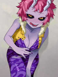  10s 1girl :d :p ashido_mina bare_shoulders black_sclera blush bodysuit boku_no_hero_academia breasts buttons cleavage collarbone colored_eyelashes colored_sclera colored_skin downblouse female_focus fingernails fur_trim grey_background half-closed_eyes horns kuroshin large_breasts leaning_forward long_fingernails looking_at_viewer nail_polish naughty_face nose_blush open_clothes open_mouth open_vest pink_hair pulled_by_self purple_nails purple_skin shadow shiny_skin short_hair simple_background smile solo tongue tongue_out unbuttoned undressing unitard vest yellow_eyes 
