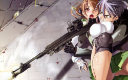  1boy 1girl battle_rifle breasts fingerless_gloves gloves gun highres highschool_of_the_dead impossible_clothes impossible_shirt knee_pads komuro_takashi large_breasts m14 miyamoto_rei panties red_eyes rifle satou_shouji school_uniform shirt textless_version underwear wallpaper weapon yellow_eyes  rating:Questionable score:53 user:Blammer9060