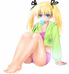  1girl aki_zake amber_quartz arm_support bad_id bad_pixiv_id barefoot blonde_hair blue_eyes bow breasts cleavage face feet food full_body hair_bow highres long_hair medium_breasts mochizuki_nayuta mouth_hold popsicle shorts simple_background sitting sketch solo twintails white_background  rating:Sensitive score:6 user:danbooru