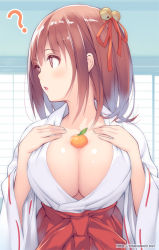  1girl :o ? bell blush breasts brown_eyes brown_hair cleavage food fruit hair_bell hair_ornament hakama hakama_skirt hands_on_own_chest indoors japanese_clothes jingle_bell kagami_mochi kimono large_breasts long_sleeves looking_to_the_side mana_kakkowarai mandarin_orange miko open_mouth original red_hakama red_ribbon ribbon ribbon-trimmed_sleeves ribbon_trim shiny_skin short_hair skirt solo tareme upper_body watermark web_address white_kimono wide_sleeves 