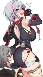  2girls ass bare_shoulders belt black_gloves blue_eyes blush breasts closed_mouth colored_inner_hair commentary face_in_ass female_pervert gloves grey_hair hair_between_eyes highres honkai:_star_rail honkai_(series) huge_ass large_breasts long_sleeves looking_back medium_hair multicolored_hair multiple_girls ndgd open_mouth pervert red_hair short_hair smelling_ass stelle_(honkai:_star_rail) streaked_hair thigh_strap thighs topaz_(honkai:_star_rail) trailblazer_(honkai:_star_rail) two-tone_hair yuri 