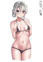  1girl alternate_costume bare_shoulders bikini black_bikini blush breasts cleavage commentary_request cowboy_shot cropped_legs grey_eyes grey_hair highres kantai_collection looking_at_viewer navel nowaki_(kancolle) one-hour_drawing_challenge open_mouth short_hair simple_background small_breasts solo swimsuit tf_cafe twitter_username white_background 